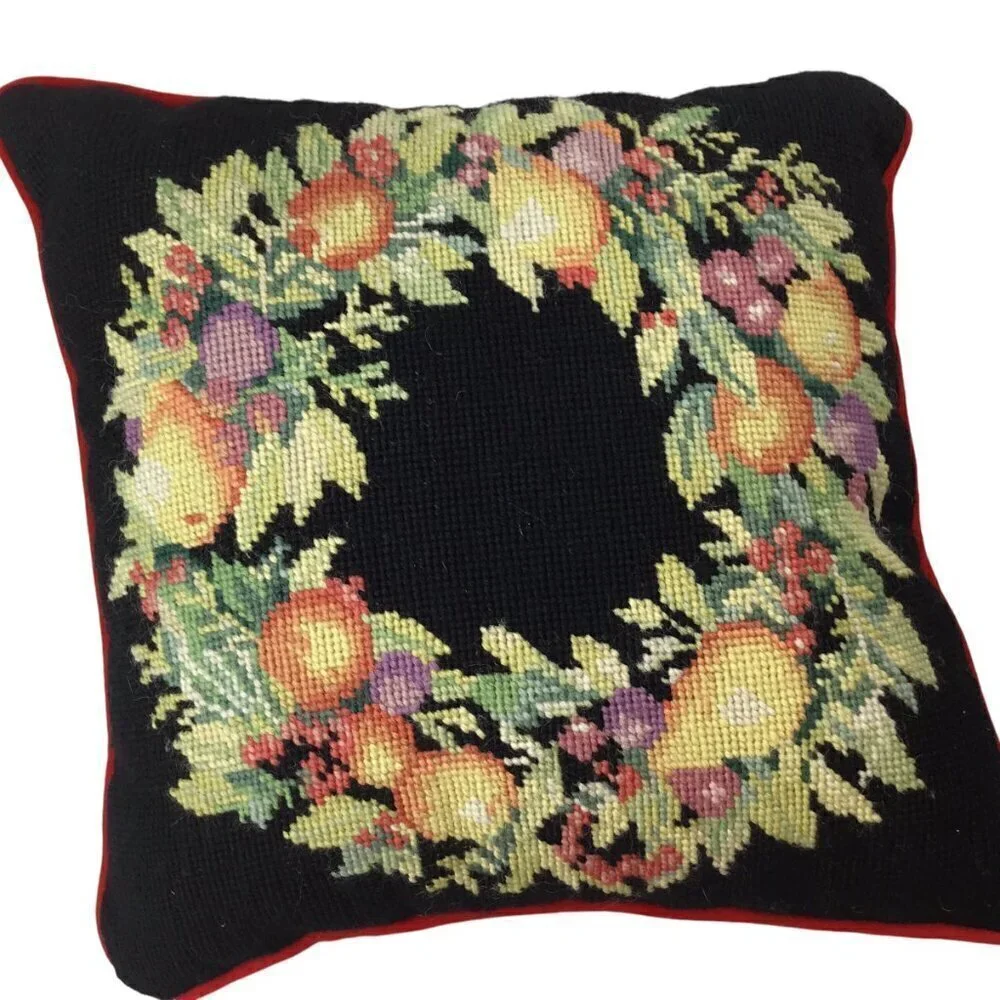Vintage 1991 Imperial Elegance Needlepoint Pillow Peking Handicraft Floral Fruit